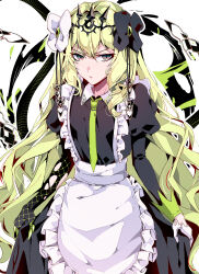 Rule 34 | 1girl, absurdres, aer007580, alternate costume, apron, asymmetrical gloves, black bow, black dress, bow, collared dress, commentary, dress, english commentary, enmaided, frilled apron, frills, gloves, green gloves, green hair, green necktie, hair between eyes, hair bow, highres, honkai (series), honkai impact 3rd, juliet sleeves, long hair, long sleeves, maid, mismatched gloves, mobius (honkai impact), necktie, puffy sleeves, red eyes, solo, v-shaped eyebrows, very long hair, white apron, white background, white bow, white gloves