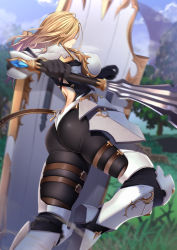 Rule 34 | 1girl, armor, ass, back cutout, belt, blonde hair, blurry, blurry background, bodysuit, boobplate, breastplate, brown belt, buckle, clothing cutout, club (weapon), faulds, female knight, fighting stance, floating hair, from side, grass, greaves, highres, holding, holding shield, holding weapon, kippuru, kisara (tales), knight, lips, long hair, multiple belts, parted lips, pauldrons, shield, shoulder armor, solo, straight hair, tales of (series), tales of arise, thigh strap, tree, vambraces, weapon
