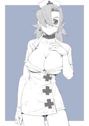 Rule 34 | 1girl, blue background, breasts, choker, cleavage, cowboy shot, earrings, eyepatch, gloves, hair over one eye, hand on own chest, hat, highres, jewelry, large breasts, latex, latex gloves, lineart, mask, monochrome, mouth mask, nurse cap, otu 025, pantyhose, skullgirls, solo, standing, surgical mask, valentine (skullgirls)