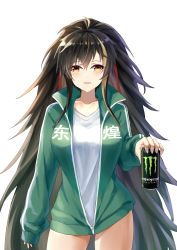 Rule 34 | 1girl, absurdres, ahoge, akusamu, alternate costume, azur lane, black hair, bottomless, breasts, can, cowboy shot, green jacket, hair between eyes, harbin (azur lane), highres, holding, holding can, jacket, large breasts, long hair, looking at viewer, mole, mole under eye, monster energy, multicolored hair, open clothes, open jacket, ponytail, product placement, shirt, sleeves past wrists, streaked hair, white background, white shirt, yellow eyes