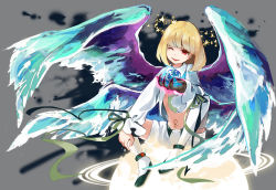 Rule 34 | 1boy, angel wings, anklet, bad id, bad pixiv id, beatmania, beatmania iidx, blonde hair, darkness, earth (planet), hand on own knee, head tilt, highres, holding, jacket, jewelry, looking at viewer, male focus, mars symbol, multiple wings, navel, one eye closed, open clothes, open jacket, planet, rche (beatmania), red eyes, ribbon, sakata kaname, shoes, short hair, short shorts, shorts, sitting, smile, solo, sparkle, tattoo, thighhighs, trap, white thighhighs, wings, zettai ryouiki