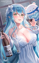 Rule 34 | 1girl, alcohol, bare shoulders, blue hair, blush, breasts, cleavage, coat, collarbone, drunk, flower, hair between eyes, hair flower, hair ornament, half updo, highres, hololive, indoors, large breasts, long hair, looking at viewer, nightgown, open clothes, open coat, open mouth, pajamas, pointy ears, sake, sebu illust, sidelocks, smile, snow, upper body, very long hair, virtual youtuber, window, yellow eyes, yukihana lamy