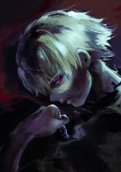 Rule 34 | 1boy, absurdres, black shirt, colored skin, from side, grey hair, grey skin, hand up, highres, kaneki ken, kyuuba melo, male focus, portrait, profile, purple background, red background, red eyes, shirt, short hair, solo, tokyo ghoul