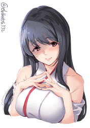 Rule 34 | 1girl, bare shoulders, black hair, blush, breasts, detached sleeves, ebifurya, fusou (kancolle), hair between eyes, hair ornament, highres, japanese clothes, kantai collection, large breasts, long hair, nontraditional miko, red eyes, simple background, smile, solo, twitter username, white background