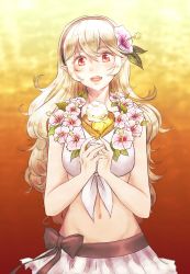 Rule 34 | 1girl, bikini, blonde hair, blush, breasts, corrin (female) (fire emblem), corrin (female) (summer) (fire emblem), corrin (fire emblem), fire emblem, fire emblem fates, fire emblem heroes, flower, hair between eyes, hair ornament, hairband, highres, lithety, long hair, looking at viewer, medium breasts, navel, nintendo, official alternate costume, open mouth, pointy ears, red eyes, smile, solo, swimsuit