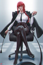 Rule 34 | 1girl, braid, breasts, chainsaw man, chair, commentary request, crossed legs, high heels, jacket, jacket on shoulders, large breasts, latex, latex legwear, leash, long hair, makima (chainsaw man), necktie, office chair, pov, red hair, riding crop, sade abyss, shiny clothes, signature, skin tight, swivel chair, yellow eyes