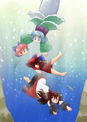 Rule 34 | 3girls, :t, air bubble, animal ears, barefoot, blue eyes, blue hair, bow, brown hair, bubble, cape, chibi, commentary request, disembodied head, dress, drill hair, fins, fish, freediving, grass root youkai network, green kimono, hair bow, head fins, holding breath, imaizumi kagerou, japanese clothes, kimono, layered clothes, layered dress, layered kimono, long hair, looking at another, mermaid, monster girl, multiple girls, obi, open mouth, outstretched arms, red cape, red eyes, red hair, red shirt, red skirt, sash, sekibanki, shirt, short hair, short kimono, sinking, skirt, touhou, triangle mouth, twin drills, underwater, very long hair, wakasagihime, wolf ears, yukimuro