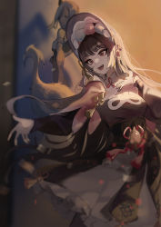 Rule 34 | 1girl, bird, black dress, black hair, blunt bangs, blurry, blurry background, bonnet, buri (retty9349), capelet, commentary, dress, eyeshadow, feet out of frame, frilled dress, frills, genshin impact, hair ornament, hand on own chest, highres, long hair, long sleeves, makeup, open mouth, outstretched arm, pink capelet, pom pom (clothes), pom pom hair ornament, red eyes, red eyeshadow, sidelocks, solo, tassel, yun jin (genshin impact)