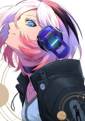 Rule 34 | 1girl, absurdres, black coat, blue eyes, cevio, choker, ci flower, closed mouth, coat, collarbone, commentary, downcast eyes, flower (vocaloid), glowing, headphones, highres, looking down, mujikuro, raised chin, shirt, solo, upper body, vocaloid, white background, white hair, white shirt