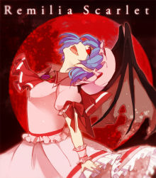Rule 34 | 1girl, ascot, bat wings, blue hair, character name, fang, female focus, hat, hat ribbon, head tilt, jewelry, lgw7, moon, open mouth, puffy sleeves, red ascot, red eyes, red moon, remilia scarlet, ribbon, shaft look, short hair, short sleeves, solo, touhou, wings, wrist cuffs
