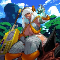 Rule 34 | 1girl, absurdres, alternate weapon, armor, blue sky, blunt bangs, boombox, breasts, bug, capcom, cloud, cloudy sky, commentary, commission, dark-skinned female, dark skin, detached sleeves, dragon, dragon horns, english commentary, freckles, from below, gloves, grey lips, grey thighhighs, hair ribbon, hairband, halterneck, highres, horns, huge weapon, large breasts, leg tattoo, medium hair, monster hunter (character), monster hunter (series), monster hunter rise, namnums, pink rathian, planted, revealing clothes, ribbed legwear, ribbon, shoulder armor, sitting, sitting on animal, sky, sleeping, solo focus, tattoo, thick thighs, thighhighs, thighs, tribal tattoo, weapon, white hair, wirebug, yellow eyes, zzz