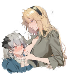 Rule 34 | 2girls, ?, @ @, age difference, aged down, ahoge, animal ears, arknights, black hairband, blonde hair, blue eyes, blue hoodie, blush, breasts, brown shirt, censored, character censor, closed mouth, collared shirt, commentary, cropped torso, dog ears, dog girl, dress shirt, grey hair, hairband, hands up, height difference, highres, hood, hoodie, horns, joshua (shisanli934), kristen (arknights), lactation, large breasts, long hair, long sleeves, looking at another, looking down, medium hair, motherly, multiple girls, novelty censor, one breast out, open clothes, open shirt, red eyes, rejection, saria (arknights), shirt, simple background, sleeves past wrists, tearing up, upper body, white background, yuri