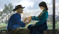 Rule 34 | 1boy, 1girl, absurdres, arthur morgan, beard, black hair, blonde hair, blue skirt, chinese commentary, commentary, cowboy hat, earrings, faceless, faceless female, faceless male, facial hair, hat, hetero, highres, jewelry, long skirt, mary linton, mountain, on one knee, red dead redemption, red dead redemption 2, sitting, skirt, suspenders, tree, yi tiao zhi xian chong
