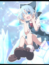 Rule 34 | &gt;:d, &gt;;d, 1girl, :d, blue eyes, blue hair, bow, cirno, do (4-rt), double v, dress, fang, hair bow, highres, ice, ice wings, letterboxed, loafers, matching hair/eyes, one eye closed, open mouth, ribbon, shoes, short hair, smile, snowflakes, socks, solo, touhou, v, v-shaped eyebrows, wings
