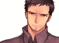 Rule 34 | 1boy, atlus, black eyes, black hair, business casual, collared shirt, doujima ryoutarou, facial hair, goodbye, head tilt, looking at viewer, male focus, necktie, persona, persona 4, police, saeuchobab, shirt, short hair, smile, solo, tilted head