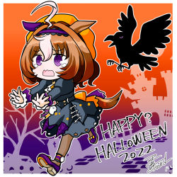 Rule 34 | 1girl, ahoge, animal ears, artist name, back bow, bird, black dress, black pantyhose, bloodpet, bow, brown hair, castle, crow, dated, dress, ear covers, english text, fleeing, frilled sleeves, frills, ghost ornament, gradient background, graveyard, hairband, halloween, halloween costume, happy halloween, hat, horse ears, horse girl, juliet sleeves, long sleeves, medium dress, medium hair, meisho doto (dot-o&#039;-lantern) (umamusume), meisho doto (umamusume), multicolored hair, official alternate costume, orange bow, orange headwear, outline, pantyhose, puffy sleeves, purple background, purple eyes, purple footwear, purple hairband, red background, running, shoes, signature, single ear cover, solo, tearing up, tree, two-tone hair, umamusume, wavy mouth, white hair, white outline