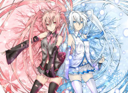 Rule 34 | 2girls, alternate color, alternate hair color, black footwear, blue eyes, blush, boots, breasts, cherry blossoms, daive, detached sleeves, dual persona, covered erect nipples, hatsune miku, highres, long hair, medium breasts, multiple girls, nail polish, pale skin, petals, pink eyes, pink hair, sakura miku, skirt, small breasts, smile, snow, thighhighs, twintails, very long hair, vocaloid, white hair, yuki miku, zettai ryouiki