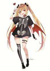 Rule 34 | :d, absurdres, arm up, black bow, black choker, black dress, black footwear, black thighhighs, blonde hair, bow, choker, commentary, cross, cross choker, demon wings, dress, ear piercing, earrings, english commentary, fubuki (fakemonkey0224), full body, hair bow, heart, highres, jewelry, long hair, looking at viewer, open mouth, original, piercing, print dress, red eyes, shoes, short sleeves, signature, simple background, single thighhigh, skeleton print, skindentation, smile, solo, standing, thigh strap, thighhighs, twintails, v, very long hair, white background, wings