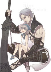 Rule 34 | 1boy, 1girl, blue eyes, closed mouth, dress, father and daughter, fingerless gloves, gloves, looking at viewer, masakikazuyoshi, nier, nier (old), nier (series), open mouth, short hair, simple background, smile, sword, weapon, white background, white dress, white hair, yonah