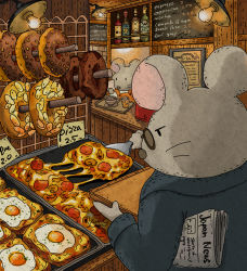 Rule 34 | 2others, bagel, baguette, bakery, bottle, bread, building, cash register, chalkboard, commentary request, doughnut, food, fried egg, fried egg on toast, highres, indoors, lamp, latte art, light, menu, mimimi sticker, mouse (animal), multiple others, newspaper, no humans, original, pastry, pizza, price list, shop, sign, sweets, toast, tray, wine bottle