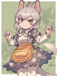 Rule 34 | 1girl, an-chan (ananna0315), animal ears, apron, blush, bow, bowtie, eastern quoll (kemono friends), extra ears, frilled apron, frills, grey bow, grey bowtie, grey hair, grey jacket, grey skirt, hair between eyes, high-waist skirt, highres, jacket, kemono friends, long sleeves, multicolored hair, open clothes, open jacket, polka dot, polka dot bowtie, polka dot jacket, polka dot skirt, shirt, short hair, short sleeves, sidelocks, skirt, smile, solo, tail, thighhighs, white hair, white shirt, white thighhighs, yellow apron, yellow eyes, zettai ryouiki