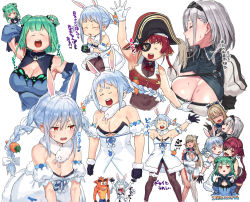 Rule 34 | 5girls, aged up, animal ear fluff, animal ears, arm up, armpit crease, armpits, arms up, bare shoulders, black gloves, black headwear, blonde hair, blue hair, blush, braid, breasts, brown hair, carrot, carrot hair ornament, character request, cleavage, cleavage cutout, closed eyes, closed mouth, clothing cutout, covered navel, crash bandicoot, crash bandicoot (series), cup, detached sleeves, double bun, double v, dress, english text, eyepatch, fang, food-themed hair ornament, frills, fur-trimmed dress, fur-trimmed gloves, fur trim, gloves, green eyes, green hair, grey hair, hair bun, hair ornament, hand on own hip, hat, highres, holding, holding cup, hololive, hololive fantasy, houshou marine, kneeling, large breasts, light blue hair, light brown hair, long hair, long sleeves, looking at another, mole, mole on breast, multicolored hair, multiple girls, muscular, muscular female, open mouth, orange eyes, panda, pantyhose, partially fingerless gloves, pointy ears, puffy sleeves, rabbit ears, rabbit tail, red eyes, red hair, red skirt, shiny skin, shiranui flare, shiranui flare (old design), shirogane noel, shirogane noel (1st costume), short eyebrows, short hair, shoulder cutout, simple background, single hair bun, single thighhigh, sketch, skindentation, skirt, skull, skull hair ornament, sleeves past wrists, smile, sweat, tail, teacup, teeth, tenchisouha, thigh strap, thighhighs, tongue, tongue out, turtleneck, twintails, upper body, upper teeth only, uruha rushia, uruha rushia (1st costume), usada pekora, usada pekora (1st costume), v, virtual youtuber, white background, white dress, white gloves, white hair, wide sleeves
