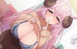 Rule 34 | 1girl, animal ears, blue bra, blush, bra, breasts, brown skirt, brown sweater, cleavage, clothes lift, commission, dutch angle, finger to mouth, goat horns, hitsuji meme, horns, indie virtual youtuber, kinakosuki, large breasts, leaning forward, looking at viewer, naughty face, pink hair, shushing, skeb commission, skirt, smile, solo, sweater, sweater lift, turtleneck, turtleneck sweater, underwear, virtual youtuber
