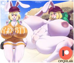 Rule 34 | 1girl, abs, absurdres, black eyes, blonde hair, breasts, carrot (one piece), cleavage, colored skin, gigantic breasts, highres, long hair, lying, muscular, muscular female, no panties, nude, on back, one piece, pussy, pussy juice, rabbit ears, rabbit girl, rabbit tail, solo, thick thighs, thighs, white skin