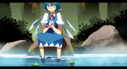 Rule 34 | 1girl, animal, blue bow, blue dress, blue eyes, blue hair, blush, bow, cirno, closed mouth, collared shirt, day, dress, elbow rest, elbows on knees, frog, frozen, frozen frog, grass, hair between eyes, hair bow, hands up, holding, holding animal, ice, ice wings, in water, lemonice, letterboxed, long dress, looking at another, neck ribbon, outdoors, partially submerged, pinafore dress, puffy short sleeves, puffy sleeves, red ribbon, ribbon, rock, shirt, short hair, short sleeves, sidelocks, sitting, sitting on rock, sleeveless dress, smile, solo, touhou, water, white shirt, wings