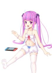 Rule 34 | 1girl, absurdres, bare shoulders, blue hair, blush, breasts, collarbone, commentary request, hair ornament, hair ribbon, highres, hololive, long hair, looking at viewer, minato aqua, multicolored hair, navel, nintendo switch, no shoes, open mouth, purple eyes, purple hair, ribbon, shu pian, small breasts, smile, solo, teeth, thighhighs, twintails, two-tone hair, upper teeth only, virtual youtuber, white thighhighs