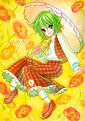 Rule 34 | 1girl, :d, ascot, blush, female focus, floral background, flower, green hair, happy, jino, kazami yuuka, loafers, mucco, open mouth, parasol, plaid, plaid skirt, plaid vest, red eyes, sample watermark, shoes, short hair, sitting, skirt, skirt set, smile, solo, touhou, umbrella, vest, watermark, yellow background