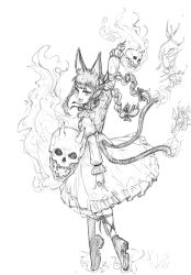 Rule 34 | 1girl, animal ears, braid, cat ears, cat girl, cat tail, dress, frilled dress, frills, full body, greyscale, highres, hitodama, kaenbyou rin, kk83203772, long sleeves, looking at viewer, monochrome, multiple tails, nekomata, open mouth, shoes, side braids, simple background, skull, solo, tail, touhou, twin braids, two tails