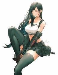 Rule 34 | 1girl, absurdres, black hair, black skirt, boots, breasts, crop top, drop earrings, earrings, elbow pads, final fantasy, final fantasy vii, final fantasy vii remake, fingerless gloves, gloves, highres, jewelry, kuroimori, large breasts, long hair, looking at viewer, low-tied long hair, midriff, own hands together, pencil skirt, pleated skirt, red footwear, shirt, sitting, skirt, solo, square enix, suspender skirt, suspenders, suspenders gap, swept bangs, tank top, taut clothes, taut shirt, thighhighs, tifa lockhart, watermark, white background, white tank top, zettai ryouiki