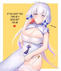 Rule 34 | 1girl, absurdres, ara ara, azur lane, blue eyes, breasts, bursting breasts, china dress, chinese clothes, cleavage, condom box, cutout above navel, dress, garter straps, highres, illustrious (azur lane), illustrious (maiden lily&#039;s radiance) (azur lane), large breasts, long hair, looking at viewer, mole, mole under eye, moleshi, official alternate costume, okamoto condoms, short sleeves, simple background, solo, thighhighs, tri tails, white dress, white hair, white thighhighs, yellow background