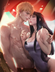 Rule 34 | 1boy, 1girl, abs, black hair, blonde hair, blue eyes, blue sky, blush, breasts, cleavage, collarbone, couple, eye contact, eyelashes, facial mark, fingernails, hetero, highres, hyuuga hinata, large breasts, light smile, lips, long hair, looking at another, naruto, naruto (series), navel, nipples, one-piece swimsuit, outdoors, parted lips, pectorals, purple one-piece swimsuit, realistic, sakimichan, short hair, sky, smile, swimsuit, tan, uzumaki naruto, wet
