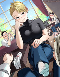 Rule 34 | 1girl, 5boys, absurdres, black shirt, blonde hair, breasts, brown eyes, chair, character request, closed mouth, day, dog, earrings, elbow rest, elicia hughes, fanning self, flirting, fullmetal alchemist, gloves, unworn gloves, highres, indoors, jewelry, large breasts, looking at viewer, maes hughes, multiple boys, photo (object), pov, riza hawkeye, roy mustang, shirt, shou tucker&#039;s chimera, sitting, smile, snegovski, socks, solo focus, stud earrings, white gloves, white socks, window