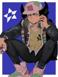 Rule 34 | 1boy, a (poipiku 325815), baseball cap, black hair, black jacket, black pants, blue background, border, closed mouth, collared shirt, commentary request, creatures (company), flipped hair, game freak, giacomo (pokemon), hand on headphones, hand up, hat, headphones, headphones around neck, holding, holding poke ball, jacket, knees up, long sleeves, looking at viewer, male focus, nintendo, open clothes, open jacket, pants, poke ball, pokemon, pokemon sv, shirt, shoes, short hair, sitting, sneakers, solo, sweater, white border, white footwear, white hat, white shirt, yellow sweater