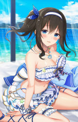 Rule 34 | 1girl, :d, alternate hairstyle, azuki yui, bare shoulders, bikini, bikini skirt, bikini top only, black hair, blue bow, blue eyes, blue footwear, blue sky, blush, bow, breasts, cleavage, cloud, collarbone, cross-laced sandals, frilled bikini, frilled bikini top, frilled skirt, frills, hair between eyes, hairband, heart, heart necklace, idolmaster, idolmaster cinderella girls, jewelry, large breasts, light rays, looking at viewer, navel, necklace, ocean, open mouth, outdoors, sagisawa fumika, side ponytail, sitting, skirt, sky, smile, star (symbol), star necklace, swimsuit, thigh strap, water, white bow, wrist cuffs