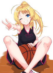 Rule 34 | 1girl, ball, basketball, basketball (object), black shorts, black tank top, blonde hair, blue eyes, blush, breasts, clothes writing, commentary request, crossed ankles, grin, hachimiya meguru, head tilt, high ponytail, highres, idolmaster, idolmaster shiny colors, knees up, long hair, medium breasts, minikon, one eye closed, outstretched arm, ponytail, short shorts, shorts, sitting, smile, solo, star (symbol), tank top, v, very long hair