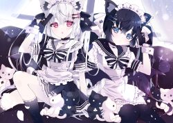 Rule 34 | 2girls, animal ear fluff, animal ears, aoi yugina, apron, bat wings, black eyes, black hair, black legwear, blue eyes, bow, bowtie, cat ears, choker, closed mouth, dress, earrings, frilled dress, frilled sleeves, frills, glock, gun, hair between eyes, hair ornament, hairclip, hand up, handgun, highres, holding, holding gun, holding weapon, jewelry, long hair, looking at viewer, maid apron, maid headdress, messy hair, multiple girls, open mouth, original, short sleeves, sidelocks, sitting, socks, stuffed animal, stuffed toy, thighhighs, thighs, twintails, weapon, white hair, wings, wrist cuffs