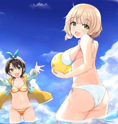 Rule 34 | 2girls, ass, bikini, black hair, blue eyes, breasts, cloud, collarbone, commentary request, green eyes, hair ornament, halterneck, highres, hololive, indie virtual youtuber, konsune (tengerium), large breasts, looking at viewer, multiple girls, navel, ocean, oozora subaru, oozora subaru (hololive summer 2019), open mouth, platinum blonde hair, pom pom (clothes), pom pom hair ornament, shigure ui (channel), shigure ui (vtuber), short hair, sky, swimsuit, virtual youtuber