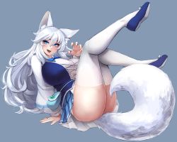 Rule 34 | 1girl, :d, animal ears, arm support, ass, blue eyes, blue skirt, breasts, center frills, claw pose, fangs, frills, full body, grey background, hair between eyes, highres, huge breasts, indie virtual youtuber, junkpuyo, long sleeves, looking at viewer, lumi (merryweather), messy hair, open mouth, simple background, sitting, skirt, smile, solo, tail, thighhighs, virtual youtuber, white hair, white thighhighs, wolf ears, wolf girl, wolf tail