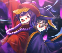Rule 34 | 2boys, :d, bead necklace, beads, blurry, blurry background, blush stickers, brown eyes, brown hair, commentary request, danganronpa (series), danganronpa v3: killing harmony, from side, hair between eyes, hat, highres, jewelry, jiangshi, long sleeves, looking at viewer, male focus, multiple boys, necklace, ofuda, open mouth, oma kokichi, porary, purple eyes, purple headwear, red headwear, saihara shuichi, short hair, smile, sweatdrop, teeth, tongue, tongue out, upper teeth only, wide sleeves