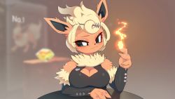 Rule 34 | 1girl, :3, animal ears, animal hands, animal nose, bare shoulders, black shirt, black sleeves, blonde hair, blurry, blurry background, blush, body fur, breasts, claws, cleavage, cleavage cutout, closed mouth, clothing cutout, colored sclera, creatures (company), detached sleeves, drunkoak, evolutionary stone, female focus, fire, fire stone, flareon, furry, furry female, game freak, gen 1 pokemon, green sclera, hair ornament, hair stick, half-closed eye, hand up, highres, large breasts, long sleeves, mole, mole on breast, neck fur, nintendo, personification, pokemon, pokemon (creature), pyrokinesis, red fur, shirt, short hair, sidelocks, sitting, smile, solo, table, two-tone fur, uneven eyes, upper body, white eyes, yellow fur