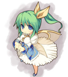 1girl blue_eyes bow breasts corset daiyousei dress fairy_wings female_focus green_hair hair_bow hair_ribbon matsuki_akira ribbon short_hair side_ponytail smile solo touhou wings