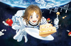 Rule 34 | 1girl, :d, akakeru, blush, brown eyes, brown hair, cake, earth (planet), food, fork, fruit, gloves, highres, international space station, itou serika, looking at viewer, open mouth, plate, smile, space, spacesuit, strawberry, uchuu kyoudai, white gloves
