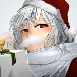 Rule 34 | 10s, 1girl, altera (fate), alternate costume, blunt bangs, blush, closed mouth, dark-skinned female, dark skin, fake facial hair, fake mustache, fate/extella, fate/extra, fate/grand order, fate (series), gift, gloves, hat, highres, holding, holding gift, i-pan, looking at viewer, red eyes, santa hat, scarf, sheep, short hair, simple background, smile, solo, tan, white gloves, white hair