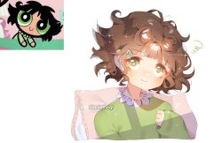 Rule 34 | 1girl, alanietheqt, artist name, black hair, blush, buttercup (ppg), buttercup redraw challenge (meme), derivative work, green pajamas, hair ornament, hairclip, highres, long sleeves, meme, messy hair, pajamas, pillow, powerpuff girls, reference inset, screenshot inset, screenshot redraw, short hair, simple background, sleeves past wrists, smile, solo, sparkle, white background