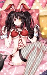 Rule 34 | 1girl, :q, alternate costume, asymmetrical hair, bare shoulders, black hair, blush, bow, bowtie, breasts, clock eyes, date a live, detached collar, feet out of frame, fishnet thighhighs, fishnets, hair between eyes, hands up, heterochromia, highres, knees up, legs together, leotard, lewdkuma, looking at viewer, looking to the side, lying, medium breasts, navel, o-ring, o-ring top, on back, on bed, red bow, red bowtie, red eyes, red leotard, revealing clothes, side-tie leotard, smile, solo, symbol-shaped pupils, thighhighs, tokisaki kurumi, tongue, tongue out, twintails, underboob, wrist cuffs, yellow eyes
