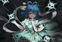 Rule 34 | 1girl, aqua dress, bad id, bad pixiv id, belt, bikini, blue eyes, blue hair, blush, breasts, collared dress, danmaku, dress, drill hair, evil smile, finger to mouth, floral print, flower, frilled bikini, frilled sleeves, frills, hagoromo, hair ornament, hair rings, hair stick, kaku seiga, large breasts, leaf, looking at viewer, pink flower, puffy short sleeves, puffy sleeves, shawl, short hair, short sleeves, smile, solo, standing, swimsuit, touhou, touhou lost branch of legend, upper body, vest, vikramjoti, white vest, wing collar